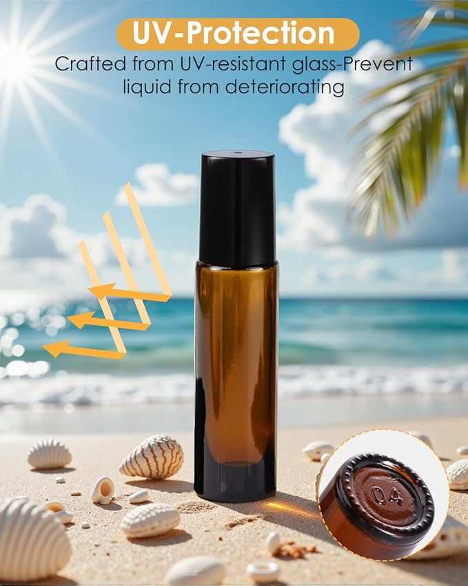 Worldgsb 12 Pack Essential Oil Roller Bottles, 10ml Refillable Amber Glass Roller Bottles with Stainless Steel Roller Balls and Caps for Travel, Perfume and Lip Gloss