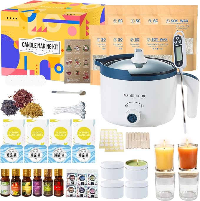DIY Scented Candle Making Kit for Adults, Pro Candle Making Set with Wax Melter, Glass Jar, Dried Flowers, 6 Pleasant Scents, Color Dyes & More - All-in-One Wax Melts Kit Perfect as Home Decorations