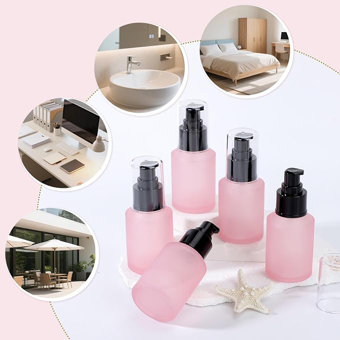 Segbeauty 2oz Frosted Glass Refillable Pump Bottles for Toiletries, 5pcs Travel Size Empty Bottles with Pumps for Cosmetics, 60ml Pink Travel Containers for Oils Bottle Dispenser Liquid Containers