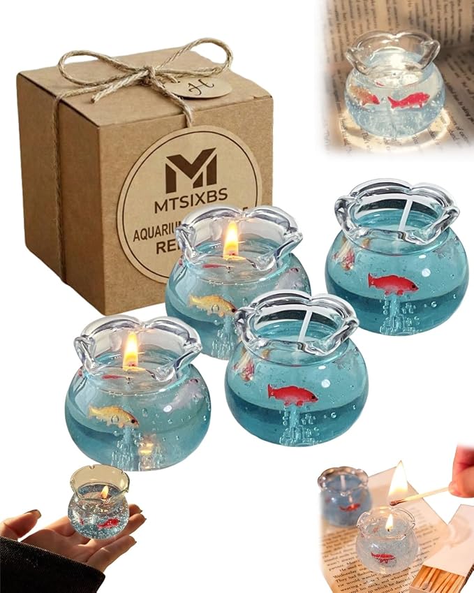 Mini Bubble Fish Tank Candle Aesthetic Decor Cute Decorative Candles for Home Trendy Cozy Room Floating Freesia Scent Bedroom Velas Gifts Recuerdos Bougie Girl Wishes Box Party Favors(4PCS)