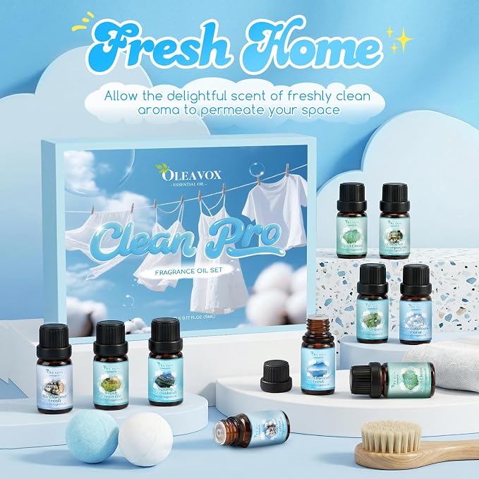 Clean Fragrance Oils Set,Gifts for Mom,10 Premium Essential Oils Set for Diffuser, Soap & Candle Making, Dryer Ball,Home Fragrance,Fresh Cotton, Fresh Clean Air, April Clean and More 10x5ml Scent Oil
