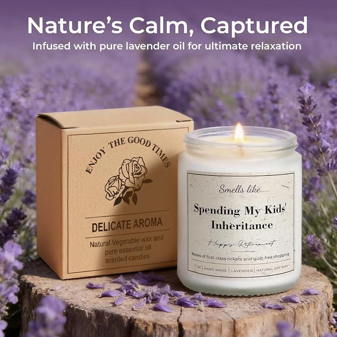 Retirement Gift for Woman, Men - Smells Like Spending My Kids' Inheritance - 7oz Lavender Scented Soy Wax Candle, Funny Retired Gifts for Women, Coworker, Boss, Teacher, Friend, Farewell Present