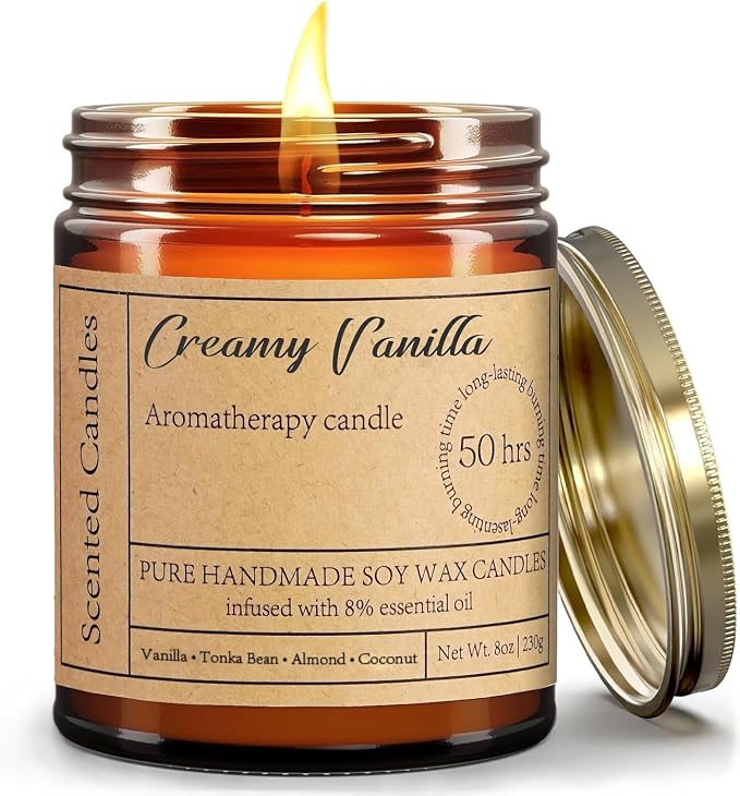Creamy Vanilla Scented Candles - 8oz Aromatherapy Candles for Women Mom Relaxation Stress Relief, Calming Candles Gifts for Birthday Mothers Day Christmas Soy Wax Candle 50 Hour Burn Time