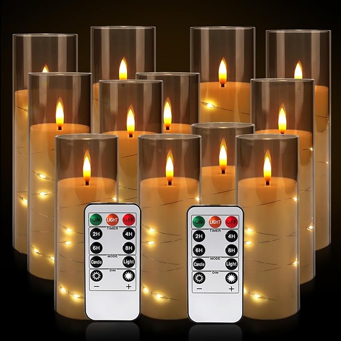 YOROXRG Flickering Flameless Candles Battery Operated with Remote,Led Pillar Candles with Realistic Moving Wick Candles for Halloween,Christmas,Home Decor Pack of 12 (D2.2 xH 5" 6" 7")(Grey)