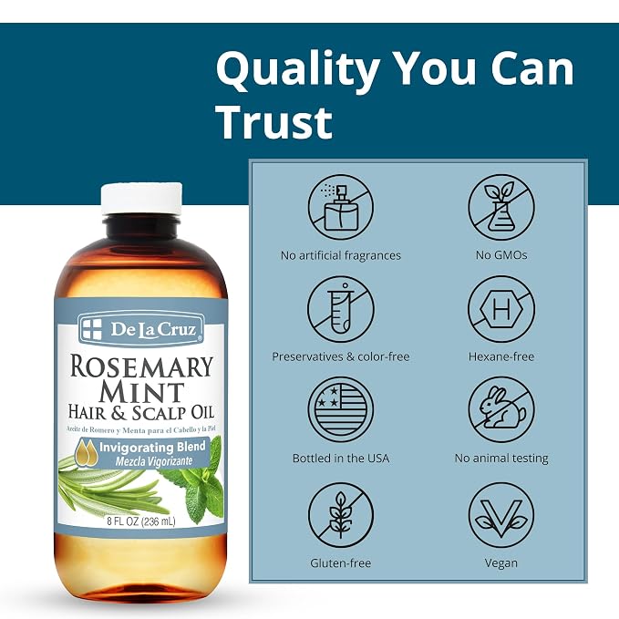 De La Cruz Rosemary Mint Oil Blend for Hair & Scalp - Revitalizing Formula with Castor, Avocado and Olive Oils- Naturally Moisturizing - 8 FL OZ