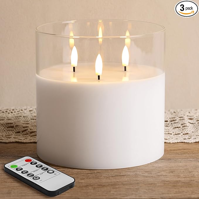 Eywamage 3 Wick Clear Glass Flameless Candle with Remote, Large Flickering LED Battery Pillar Candle Φ 6" H 6"