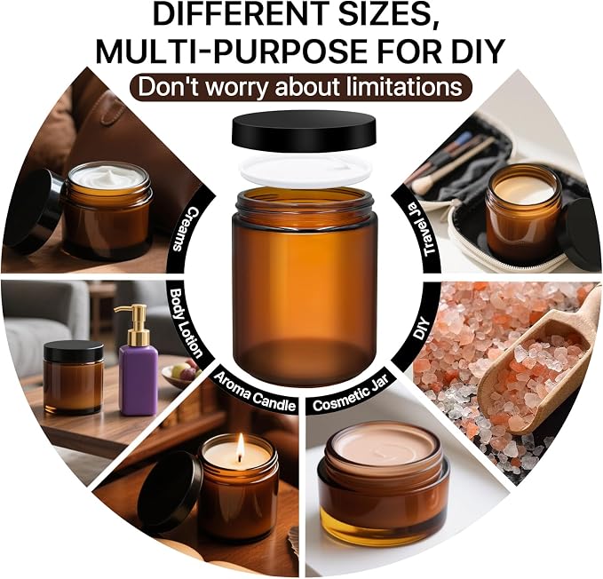 20 Pack Amber Glass Jars with Black Lids, 8 oz Empty Cosmetic Jars with 20 Spatulas & 24 Colorful Labels, 8oz/240ml Large Refillable Glass Cream Jars for Skincare, Lotion, Candles, DIY & Travel Kit
