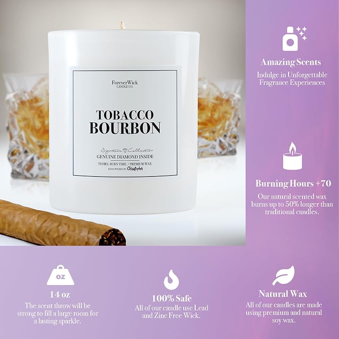 Foreverwick Tobacco Bourbon Diamond Candle | Scented Jar Candle | Premium Natural Soy Wax | Strong Scented Candles for Decor | 14 oz & 70 Hours Burning Time