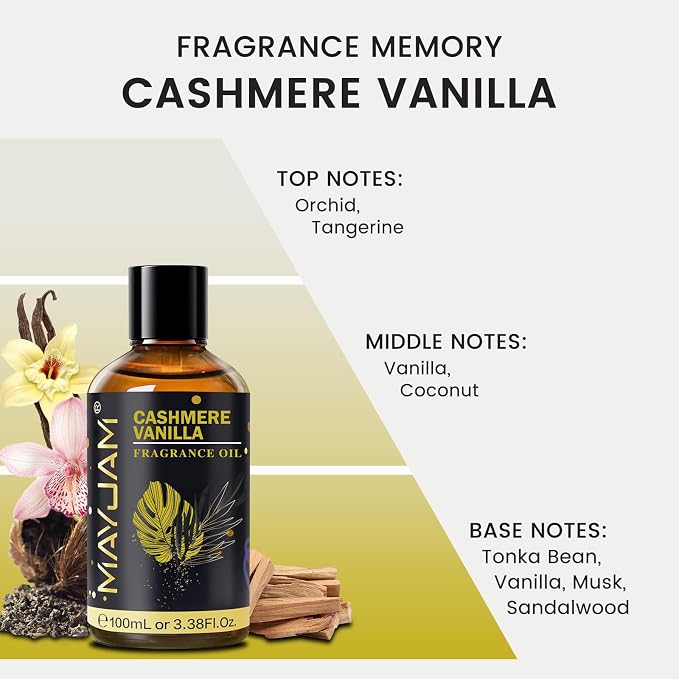 Cashmere Vanilla Fragrance Oil Essential Oil, MAYJAM 3.38FL.OZ Cashmere Vanilla Oil for Diffusers for Home, Long Lasting Scented Oils for Soap Candle Making - 100ML