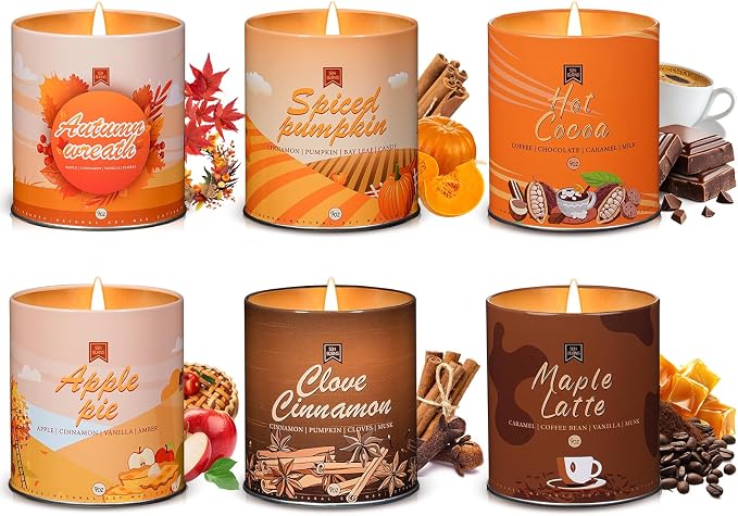6Pack/54oz Non-Toxic Scented Candle Set, Fall Winter Candles, Decorative Holiday Candles for Women Men, 9oz Apple/Cinnamon/Pumpkin/Vinilla/Cocoa/Maple Soy Christmas Scented Candle for Holiday Gifts