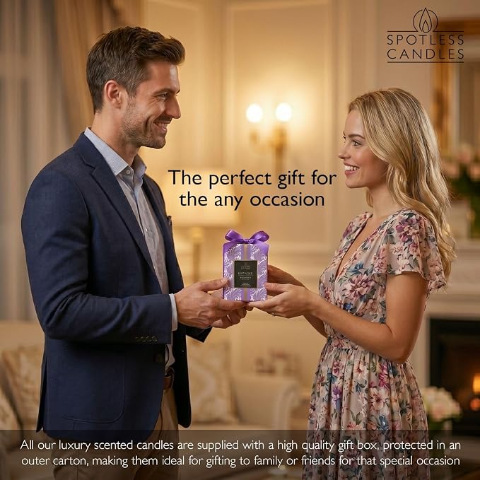 Lavender Candle; 9.7 oz:, 55 Hrs Burn Time, Soy Wax Purple Frosted Jar with Crackling Wooden Wick & Luxury Gift Box: Lavender Scented Candle by Spotless Candles