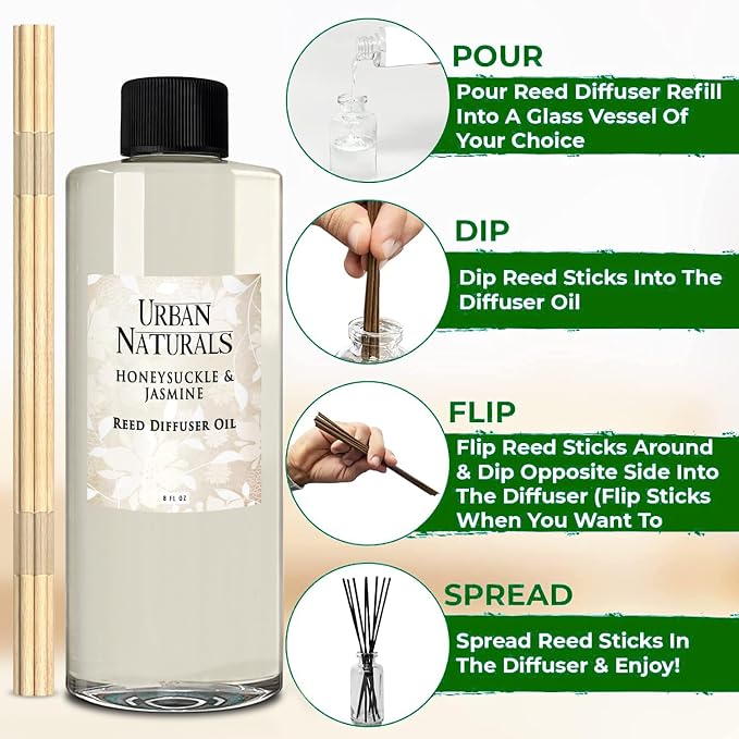 Urban Naturals Reed Diffuser Oil Refill Honeysuckle Jasmine with Hyacinth, Cassis, Neroli, Rose, Iris, Lily of the Valley 8 oz + Free Reed Sticks, Made in the USA