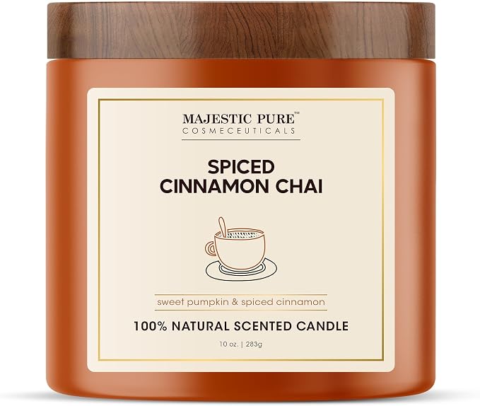Majestic Pure Pumpkin Cinnamon Scented Candle with Upto 45+ Hrs Burn Time, 2-Wick Candle, Soy Wax Blend for Cleaner Consistent Burn, 10 oz Jar Candle with Room Filling Fragrance, Spiced Chai