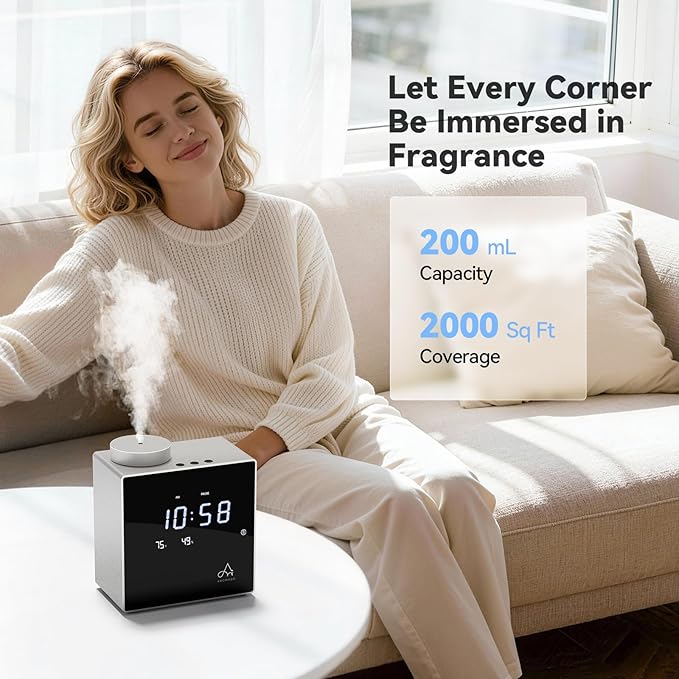 2026 Smart Waterless Diffuser, 2000 Sq.Ft Cold Air Scent Diffuser with Clock & Environmental Display | 7 Fragrance Levels, 9 Timer Settings, Hotel Collection Diffuser for Home & Large Rooms (Silver)