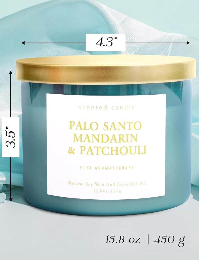 Palo Santo Mandarin Patchouli 3-Wick Soy Candle | 15.8 oz Calming Aromatherapy Candle for Home | Clean Burn Long Lasting | Warm Wood Citrus Scent | Stress Relief Candle Gift for Women & Men