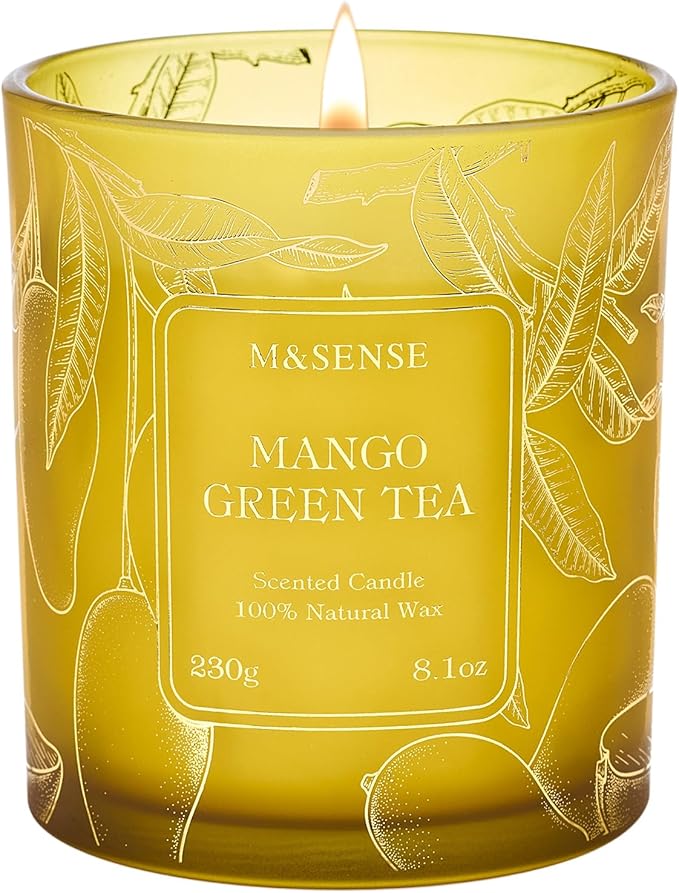 M&SENSE Mango Green Tea Soy Candle, 8.1oz 42H Slow Burning Non Toxic, Tropical Tea Aromatherapy, Summer Relaxation Gift