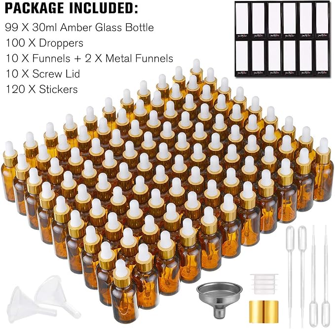 PrettyCare Glass Eye Dropper Bottles 99 Pack, 1oz (30ml) Amber Empty Thick Bottles Bulk with Leakproof Golden Caps - With Labels & Funnels for for Storage, Travel,Essential Oils, DIY Serums
