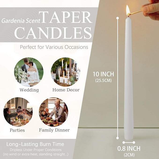Candlesticks Long Taper Candle,Gardenia Scented 10 Inches White Candle Sticks Smokeless Tapered Candles for Home Décor Holiday Gifts