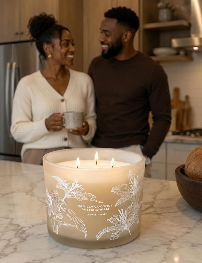 Vanilla Coconut Buttercream Candle | Large 3 Wick Scented Soy Candle for Home | 14.5oz Vanilla Coconut Aromatherapy Candle | Vanilla Cupcake Candle | Long Lasting Clean Burn | Gift for Women & Men