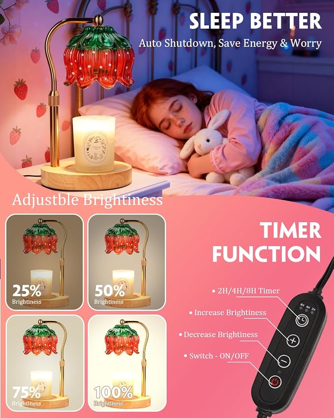 Funistree Flower Candle Warmer Lamp with Timer, Dimmable Candle Lamp Warmer, Christmas Birthday Gifts for Women Mom Her, Housewarming Home Decor, Lotus Wax Warmer for Yankee - Strawb Flower 10 Inch