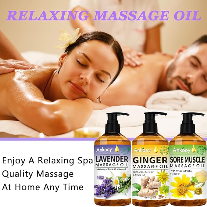 3 Pack Massage Oil for Massage Therapy,Sore Muscle Arnica Oil & Relaxing Lavender Oil & Ginger Oil Lymphatic Drainage & Massage Ball,Fathers Day Gift for Husband,Dad,Gifts from Wife,Daughter