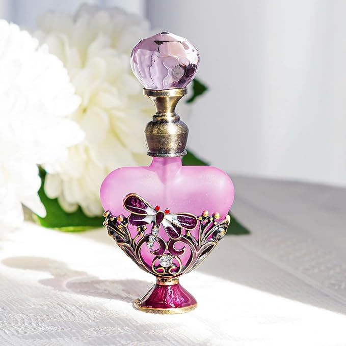 YU FENG Vintage Dragonfly Pewter and Glass Perfume Bottle with Diamand, Empty Refillable Mini Perfume Bottle