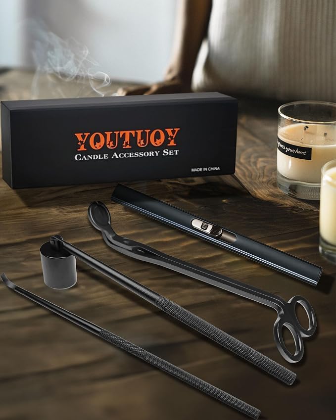 YOUTUOY 4 in1 Candle Accessory Set with Rechargeable Candle Lighter, Candle Wick Trimmer, Candle Wick Snuffer, Candle Wick Dipper, Candle Care Kit (Matte Black)