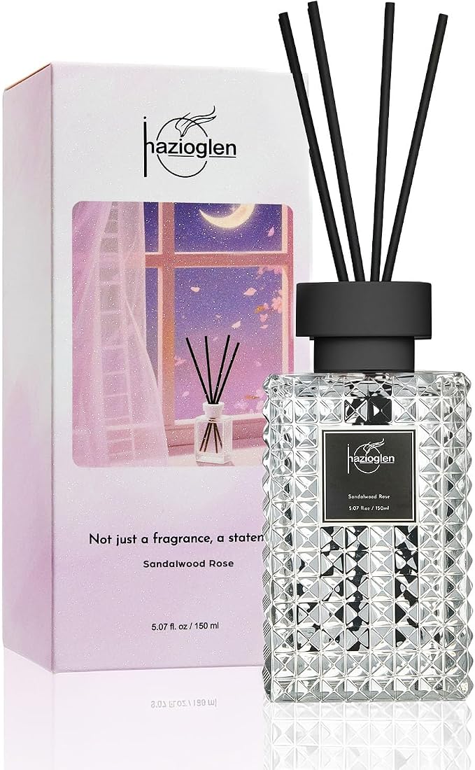 Reed Diffuser Set, Sandalwood Rose Scented Home Fragrance Air Freshener for Bathroom Shelf Decor, 5.07 fl oz/150ml Essential Oil with Sticks