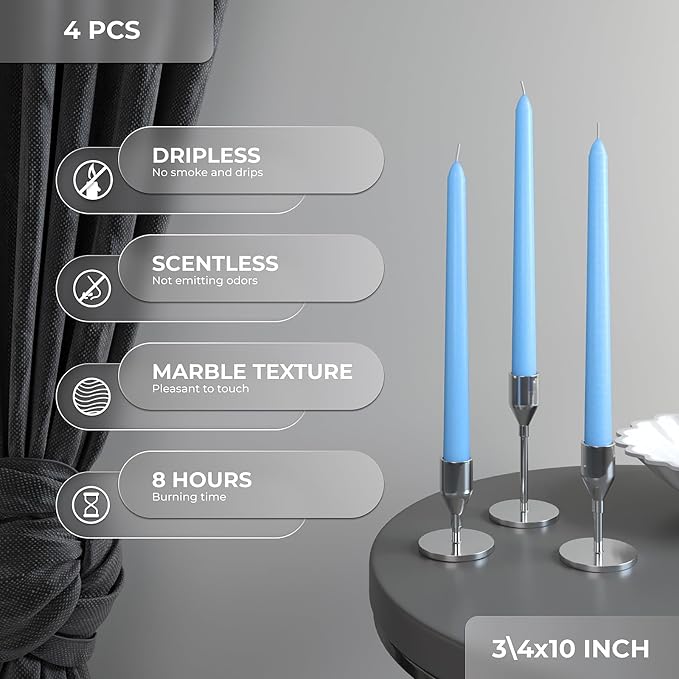 CANDWAX Light Blue 10 inch Taper Candles Set of 4 - Unscented Smokeless Dripless Tapers for Dinner Table, Home Decor, Easter Decor, Party, Wedding and Ordinary Dinners - Spring Candles