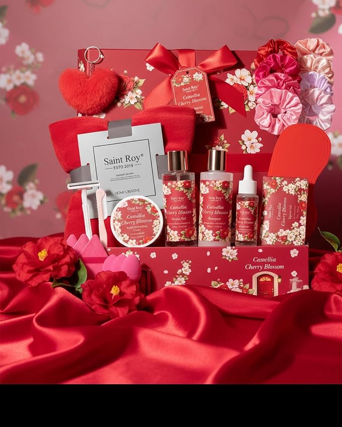 35 Pcs Valentines Day Gift for Women, Cherry Blossom Rose Bath and Body Basket Gift, Face Skin Care Kit, Home Spa Self Care, Lip Gloss, Birthday, Christmas, Mother, Bridal Shower, Anniversary
