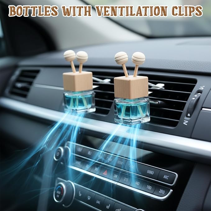 50 Pack Car Air Freshener Diffuser with Vent Clip, Clear Glass Perfume Bottle, Car Diffuser Bottles Empty Bulk for Essential Oil Perfume Glass Bottle with Wooden Caps Stick, for Auto Fragrance