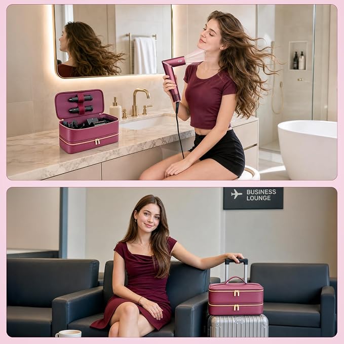Travel Hair Dryer Case for Shark Flexstyle, Double-Layer Carrying Case for Shark Flex Style Blow Dryer, Portable Hair Tools Storage Organizer Bag for FlexFusion Beauty Hairdryer Attchments (Cherry)