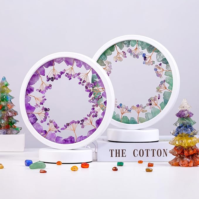 Runyangshi Natural Crystal Green Fluorite Small Tree Round White Frame Tri-Color Ambient Light Home Decoration Night Light Gift for Women
