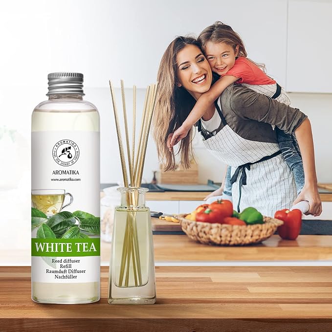 Refill Reed Diffuser White Tea 6.8 Fl Oz (200 ml) - with White Tea Essential Oil - Good Mood - Home Fragrance - Warm Scent - Air Freshener for Bathroom Bedroom Kitchen - Aromatherapy - Nice Smell