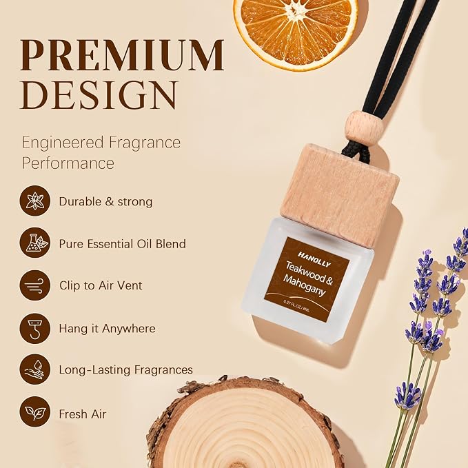 Hanolly Car Air Freshener Hanging 2 Pack, Teakwood & Mahogany Essential Oil Diffuser for Car, Cute Air Fresheners, Long-Lasting Fragrance, Car Air Fresheners for Women & Men Gift,
