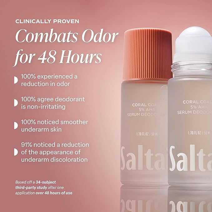 Saltair Serum Deodorant 2 Pack – 5% AHA – Aluminum-Free Odor Control for Women & Men – Mandelic Acid Deodorant with Lactic Acid – Coral Coast Scent – 2x 1.7oz Travel Roll On
