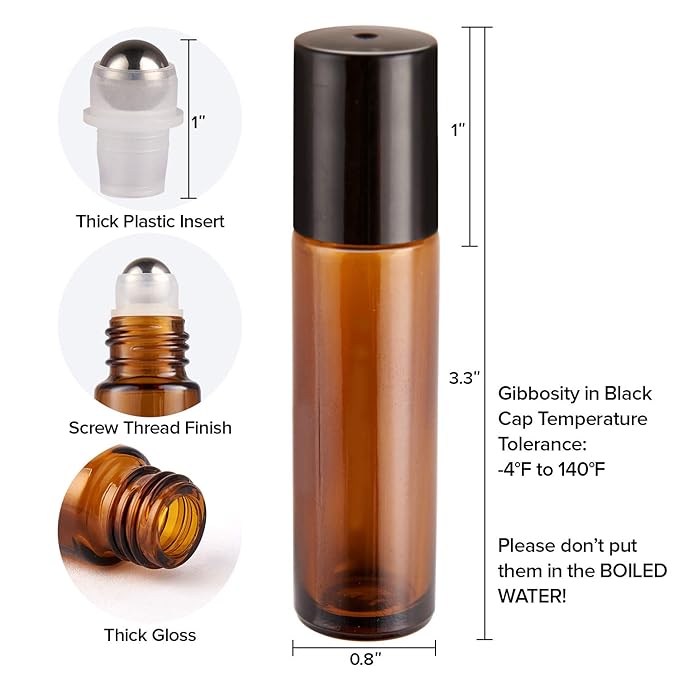 Hoa Kinh Roller Bottles for Essential Oils 10ml 48Pack Empty Amber Glass Perfume Roller Bottles with Stainless Steel Balls Refillable Roller Ball Applicator for Hair, Essential Oil