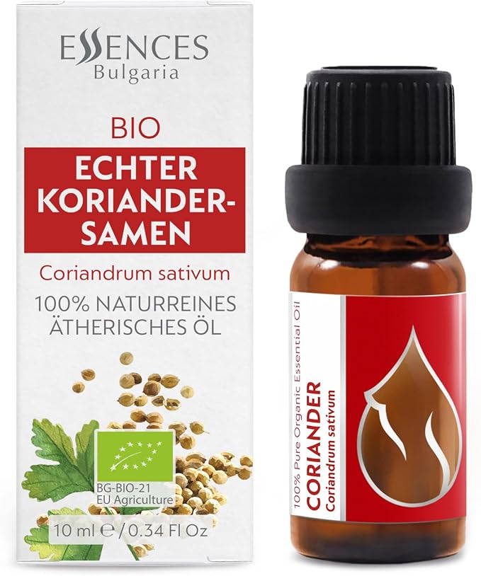 Essences Bulgaria Organic Coriander Essential Oil 1/3 Fl Oz | 10ml | Coriandrum sativum | 100% Pure and Natural | Undiluted | Therapeutic Grade | Family Owned Farm | Steam-Distilled | Non-GMO | Vegan
