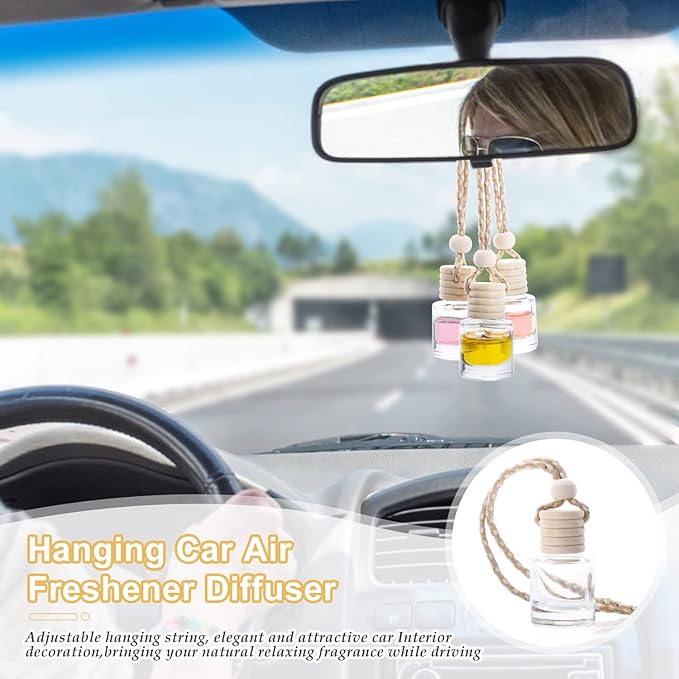 50 Pcs/Set,8ml Hanging Car Air Freshener Diffuser,Empty Refillable Clear Glass Essential Oil Fragrance Perfume Diffuser Pendant Glass Vials with Wooden Caps & Hanging String,Cylindrical Style