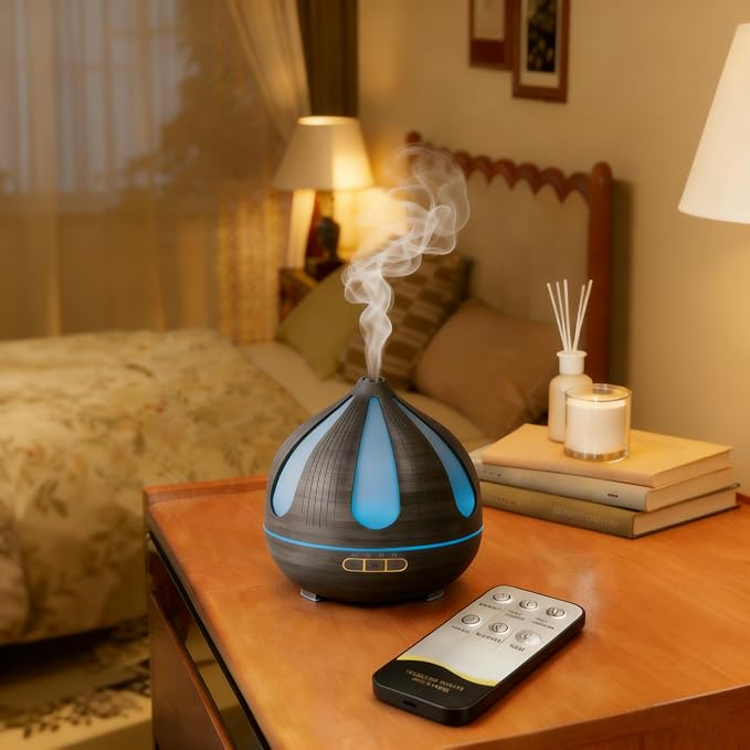 500ml Aroma Diffiser, Remote and Auto Shut-Off Essential Oil Diffuser for Bedroom, Yoga, Office and Home (Dark Brown)