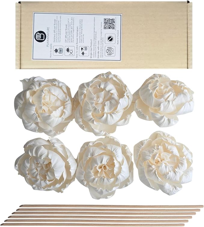 6pcs White 3" Peony Brides Dream Sola Wood Flower Diffuser with Reed Sticks for Home Fragrance Essential Oil DIY Decor