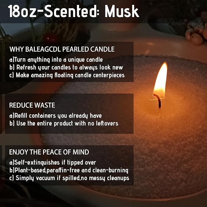 Calm Musk Blanc Pearled Candle 18 Oz with 30 Wicks - Musk Scented Sand Candles White Refillable Wax Lasts Up to 120 Hours Smooth and Clean Burning for Candle Making DIY