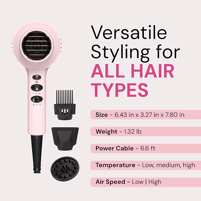 L'ANGE HAIR PowerStyle Turbo Ionic Hair Dryer | 1875 Watt Professional Blow Dryer with Diffuser & Concentrator | Multiple Heat & Speed Settings for Fast Drying | Salon-Grade Styling Tools, Blush