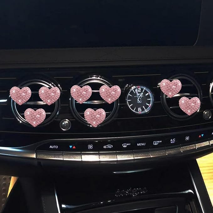8-Pc Bling Heart Air Vent Clips, Crystal Heart Air Fresheners Vent Clip Rhinestone Car Decor - Cute Car Accessories for Women & Girls (Pink)