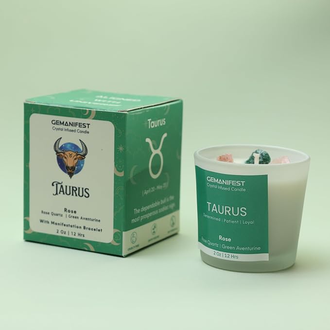 Taurus Zodiac Candle with Bracelet, Rose Scented, Taurus Crystals Birthstone Gifts for Women, Mom, Grandma, Candle Lovers
