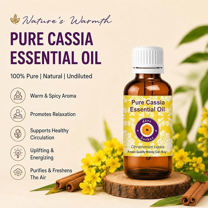 dève herbes Cassia Essential Oil (Cinnamomum Cassia) Pure | Non-Sticky | Non-Greasy | Lightweight | Men & Women | All Skin Types | Steam Distilled 30ml (1 oz)