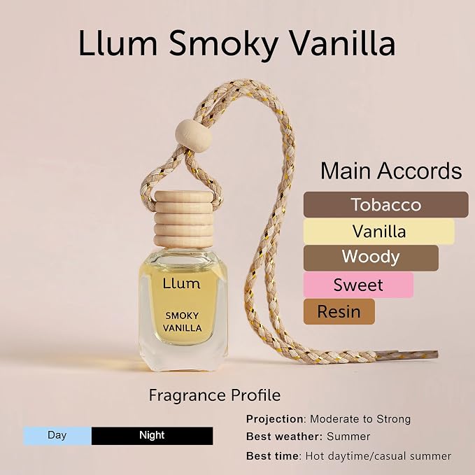 Llum Smoky Vanilla Hanging Car Air Freshener – Luxury Automotive Perfume Diffuser 10ml (0.34 fl oz), Long-Lasting Fragrance, Alcohol-Free Non-Toxic Scent, Glass Bottle With Wood Cap & AC Vent Clip
