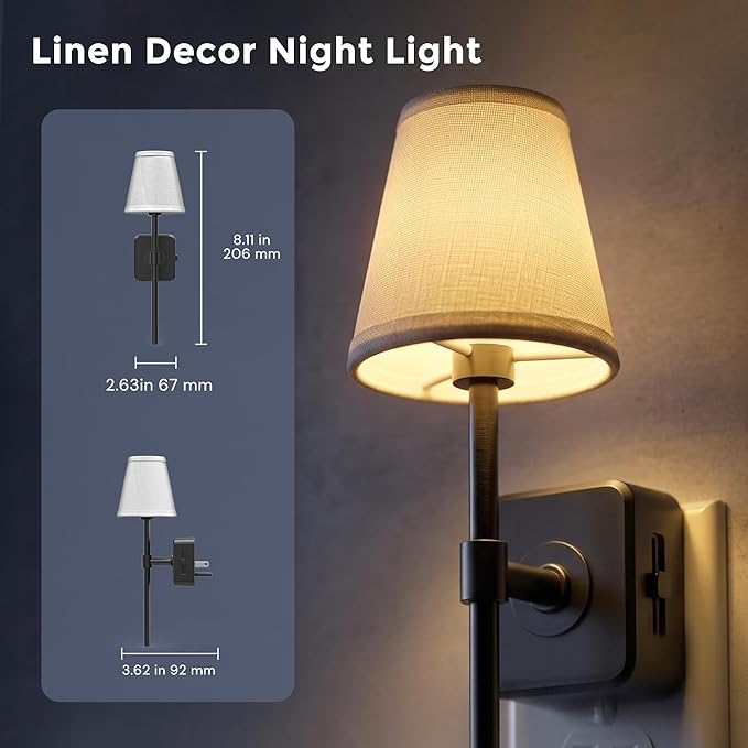 L LOHAS LED Night Light, Night Lights Plug Into Wall with 0-100 LM Dimmable, Premium Fabric Linen Shade Plug in Night Light, 3000K Warm LED Wall Night Light Bedroom, Living Room, Decor