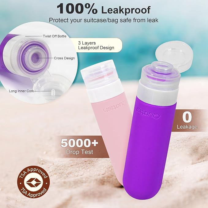 Quatish 15 Pack Travel Bottles for Toiletries, Original Patented, TSA Approved Travel Size Containers, Leak Proof Silicone Shampoo and Conditioner Bottles Women & Men, Airplane Essentials, Purple