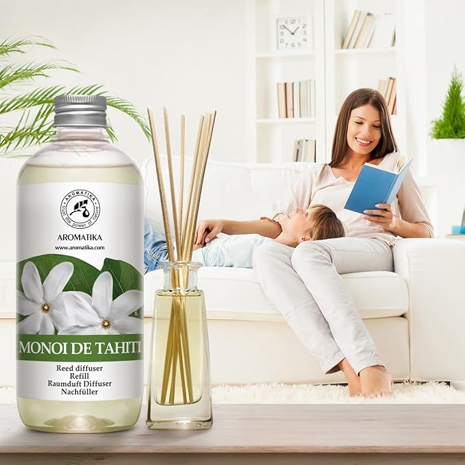 Reed Diffuser Refill Monoi de Tahiti and Jasmine Reed Diffuser Refill - 2 x 17.0 Fl Oz - Room Freshener - Fresh & Long Lasting Fragrance - for Aromatherapy - Gift Idea